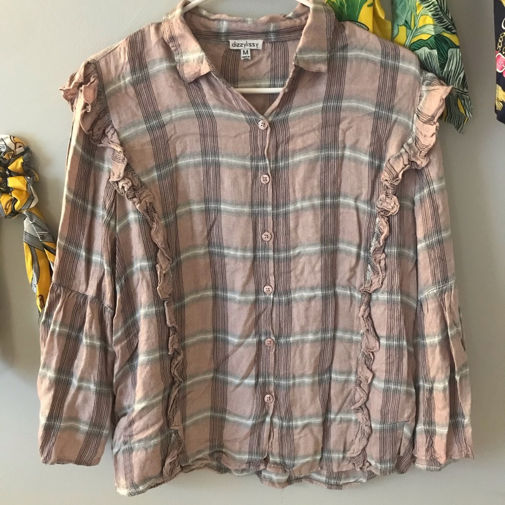 Button down top with ruffles and bell sleeves